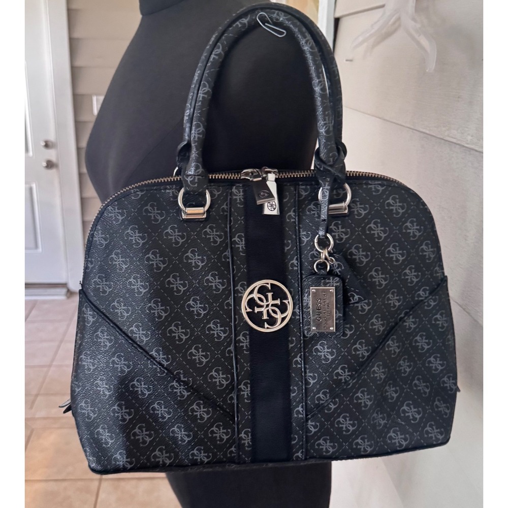 Guess Lena Monogram Dome Satchel Handbag Black Gray Logo 11x14x6.5‎ preloved EUC